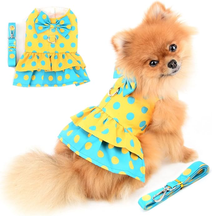 Dog Harness Dress for Small Medium Dogs Female Girls Polka Dots Tutu Skirt Beauty Pet Clothes with Leash 1.6m Cats Apparel Puppy Chihuahua Yorkie Clothing Spring Summer Yellow XL