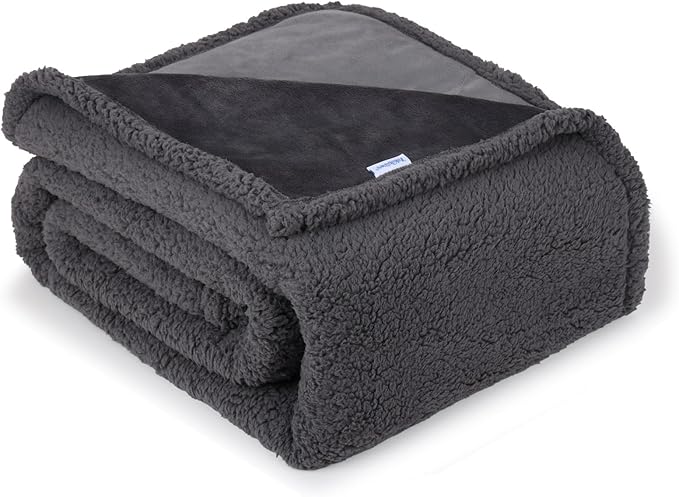 Waterproof Dog Blanket for Large Dogs - Reversible Washable Pet Blanket, Soft Sherpa Fleece Furniture Protector, Cat Throw Bed Couch, Grey,50"x60"
