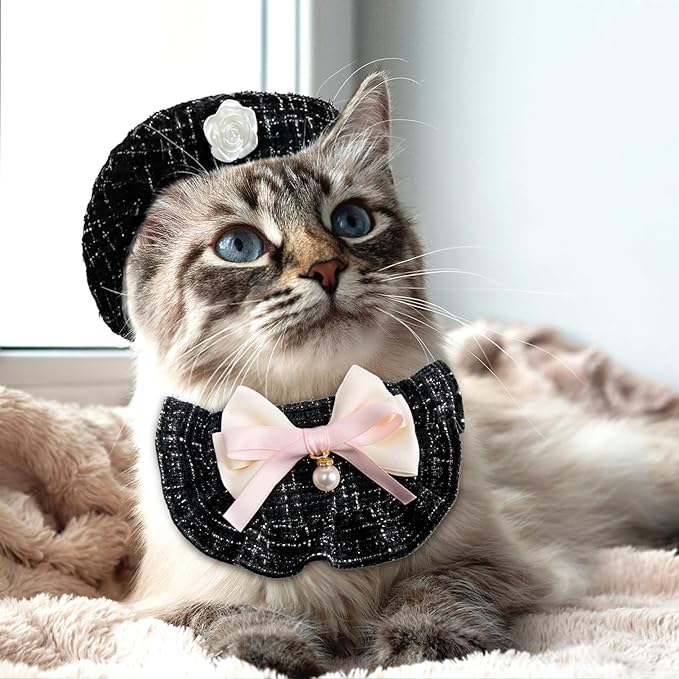 HOWWFALY 2PCS Cat Beret Hat with Small Camellia, Adjustable Satin Bowtie Bandana Scarf Set Pet Princess Costume for Halloween Christmas, Cat Dog Birthday Party Apparel(Black Bow)