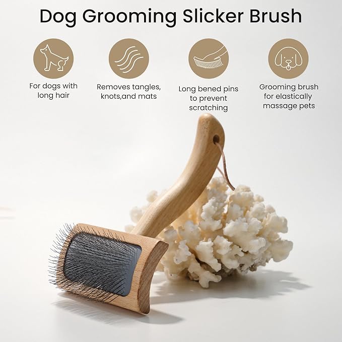 Dog Slicker Brush for Shedding,Dog Brush for Long Haired Dogs & Remove Tangles & Mats,Ergonomic Handle Grooming Like Professional,Beech Wood,S
