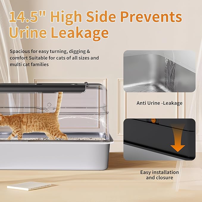 Stainless Steel Litter Box with Lid, 135° Flip-Top Design Metal Enclosed Litter Box for Kitten Cat, Breeze Litter Box System with Anti-Leakage High Sides, Large Cat Lovers Gifts