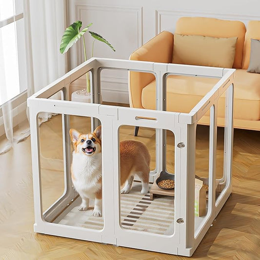 Jalove 30" H Clear Dog Playpen Acrylic Puppy Playpen Indoor, 8 PCS Easy Assemble Cat Rabbit Ferret Pet Play Pen, Plastic Dog Fence Crate Kennel Whelping Cage Enclosure for Small & Medium Dogs, White