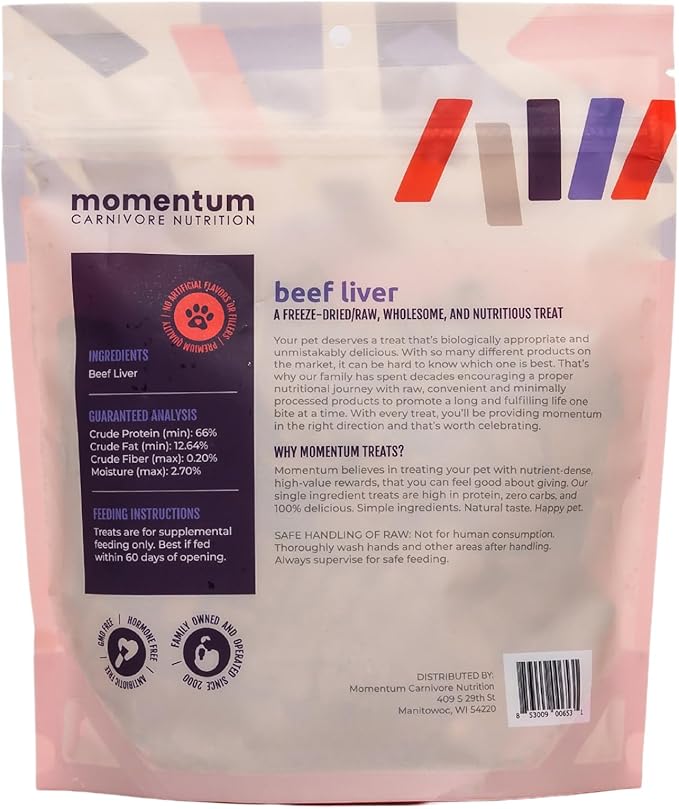 Momentum Carnivore Nutrition Freeze-Dried Beef Liver Dog Treats – Single-Ingredient, Dog & Cat Treats – High-Protein, Grain-Free– 4 oz Bag