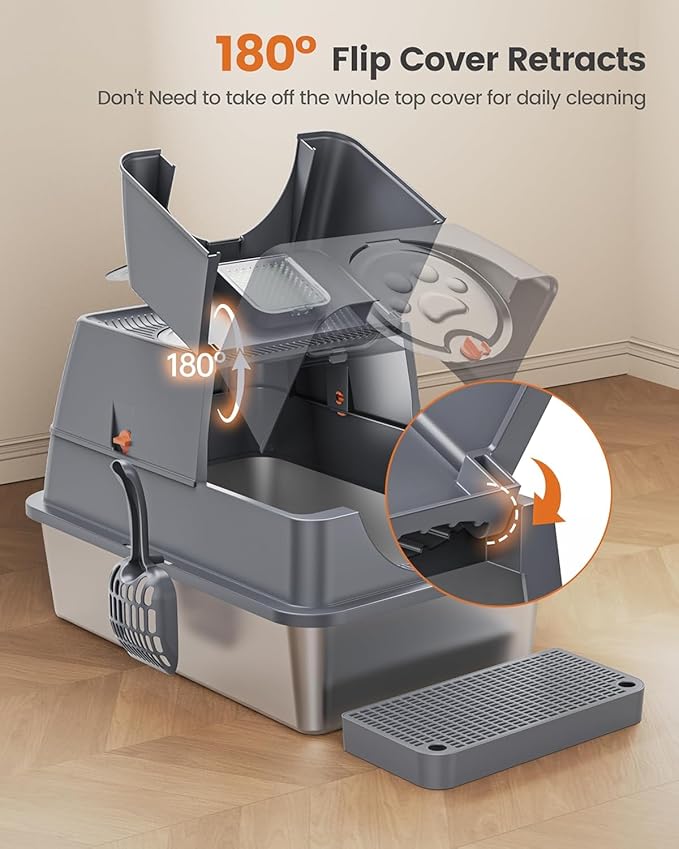 Stainless Steel Litter Box with Lid Large Enclosed High Sided Covered Metal Steel Cat Litter Box with Steps Scoop, Easy Cleaning, Odor Control, Front Entry Top Exit