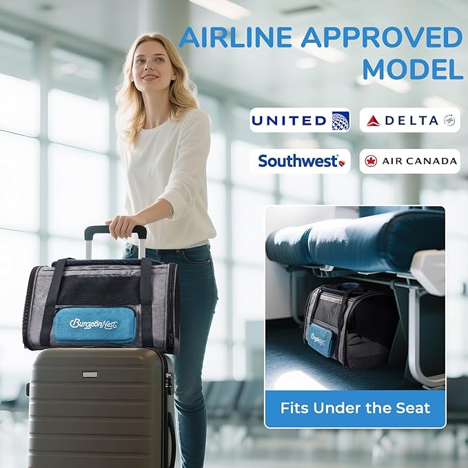 BurgeonNest Cat Carrier, Airline Approved Dog Carrier, Soft Sided Cat Pet Carrier for Small Medium Cats Dogs Under 20 lbs with Side Bag, Collapsible Travel Kitten Puppy Carriers, Blue