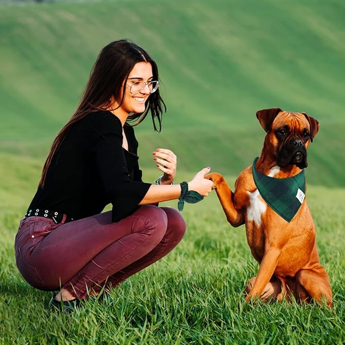 E-Clover Christmas Dog Bandanas Boy & Matching Scrunchie Set Plaid Dog Bibs Scarf Triangle Kerchief Bandana for Medium Large Dogs Birthday Gifts Pet Owner Mom Green Winter