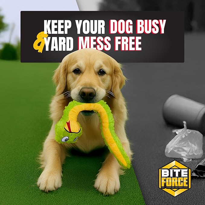 Bite Force -Durable & Strong Dog Toy Slither The Snake with Squeaker, Kevlar-Reinforced for Aggressive Chewers for Small Medium Large Dogs - Green.
