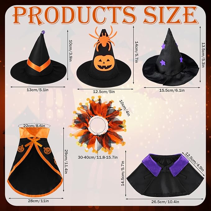 6 Pcs Halloween Pet Costume Cat Witch Halloween Costume Wizard Cat Clothes Cloak with Tutu Collar and Hat for Small Kitten Dogs Cosplay Party Decor