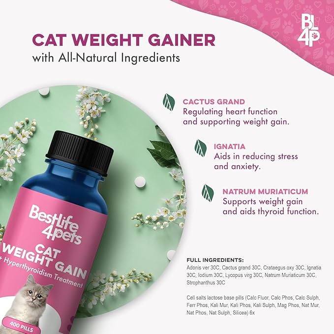 Cat Weight Gain & Hyperthyroidism Treatment, Safe and Effective Cat Appetite Stimulant, Thyroid and Metabolic Support, Weight Management Remedy, 800 All-Natural Odorless, Tasteless Pills