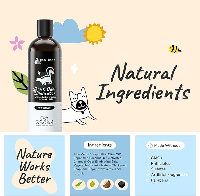 kin+kind Skunk Shampoo for Dogs & Cats - Activated Charcoal Odor Eliminator(12 fl oz) - Safe for Dogs and Cats, Removes Skunk Scent - Natural Blend with Coconut and Olive Oil - Unscented - Made in USA