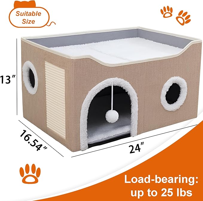 Cat Houses for Indoor Cats - Large Cat Bed Cave with Scratch Pad and Fluffy Ball, Foldable Cat Condo Hideaway with Reversible Cushion for Multi Small Pet, Khaki