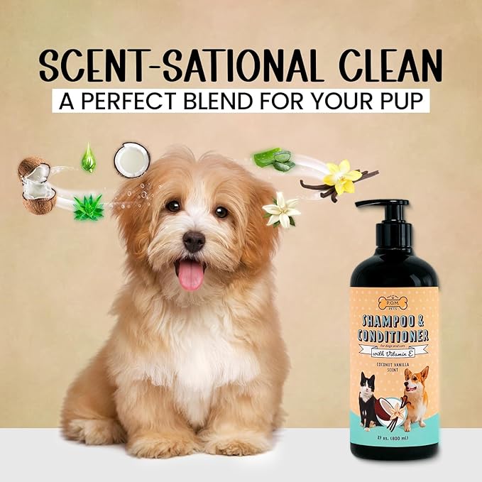 POM Pets 2-in-1 Organic Dog Shampoo & Conditioner – Itchy Skin Relief, Dog Deshedding, Detangles Fur, Cat Shampoo, Paw Cleaner for Dogs, Natural Coat Defense Formula