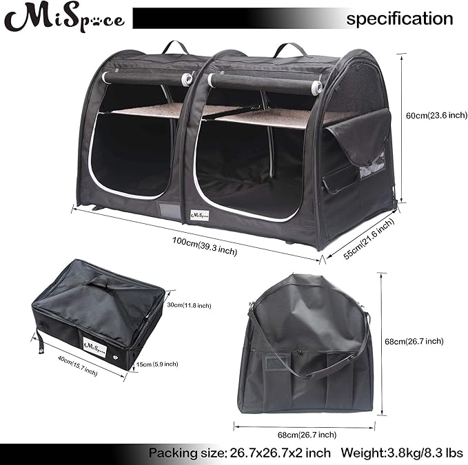 Mispace Portable Twin Compartment Show House Cat Cage Condo,Comfy Puppy Home Dog Travel Crate with Carry Bag/2 Hammocks/Mats & Collapsible Litter Box