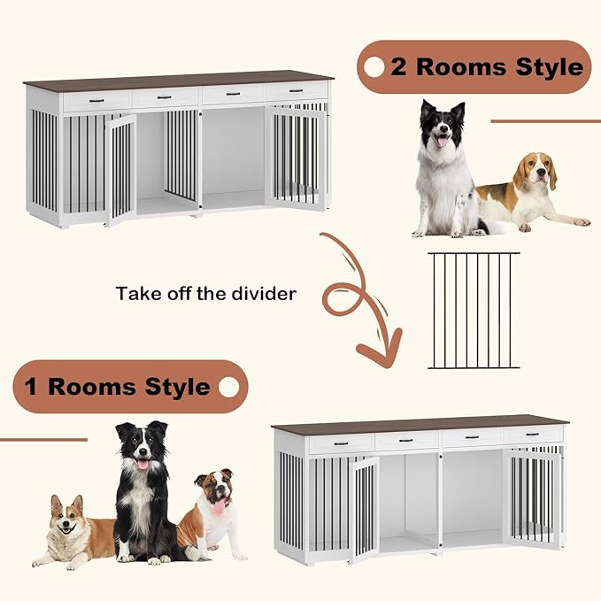 Extra Large Dog Crate, 86.6" Heavy Duty Wooden Dog Cage Furniture Dog Crate Kennel with Drawers & Removable Divider,Indoor Luxury Dog House with Double Rooms for XL L Breed Dogs, White