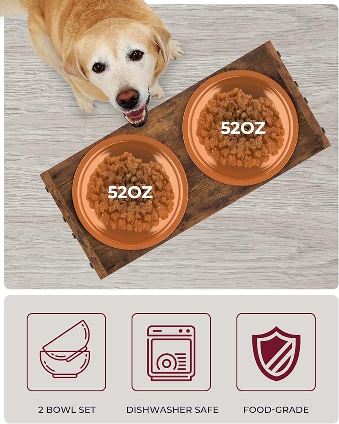 Vantic Elevated Dog Bowls, Adjustable Raised Dog Bowl Stand for Large and XLarge Pet, Sturdy Particle Board Food Feeder with 2 Stainless Steel Dishes, Rustic Brown