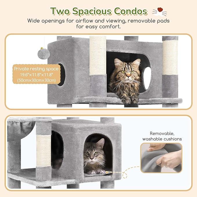 Globlazer Heavy Duty Cat Tree, 74in Sturdy Cat Tower for Large Cats Adult, Big Cat Tree with 5 Sisal Scratching Posts, 2 Padded Condos, 2 Dual-Ear Hanging Baskets, Enlarged Top Perch, S74, Light Grey