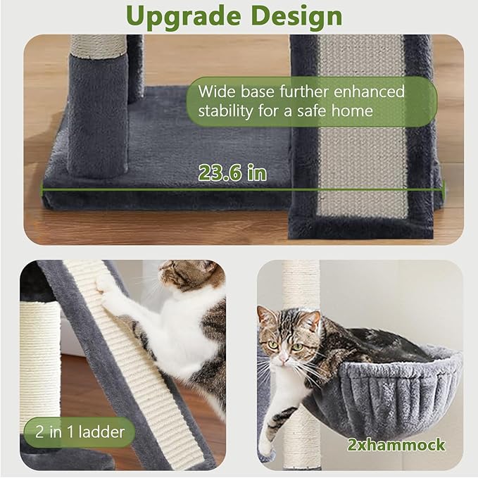 84.6in Cat Tree, Patent Fabric Multilevel Cat Tower for Adult Cats, Climbing Tree House and Towers with Condo Hammock Scratching Post Large Platform Wide Base (Dark Gray, 84 in)