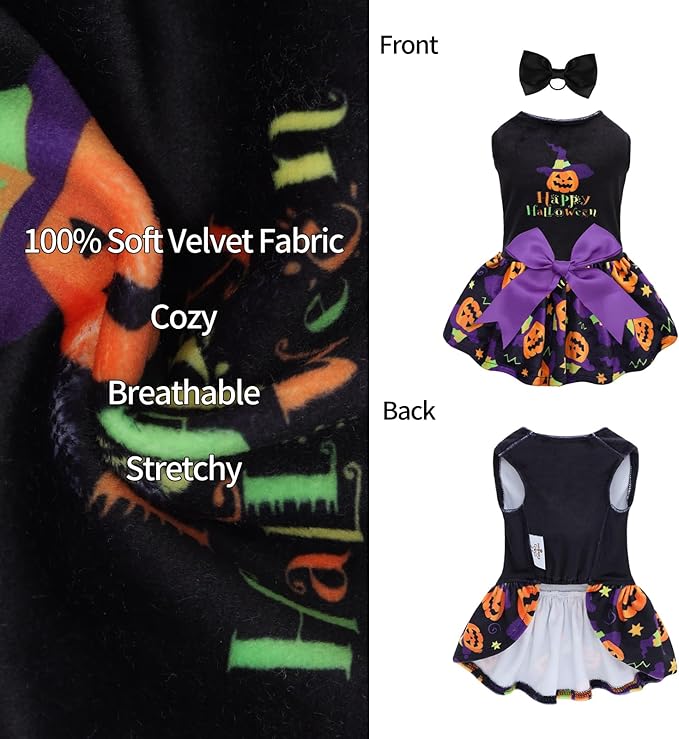 CuteBone Halloween Dog Dresses Velvet Holiday Small Dogs Clothes Onesie Pet Apparel Girl Puppy Skirt with Bow Hair Rope CVA41L-D