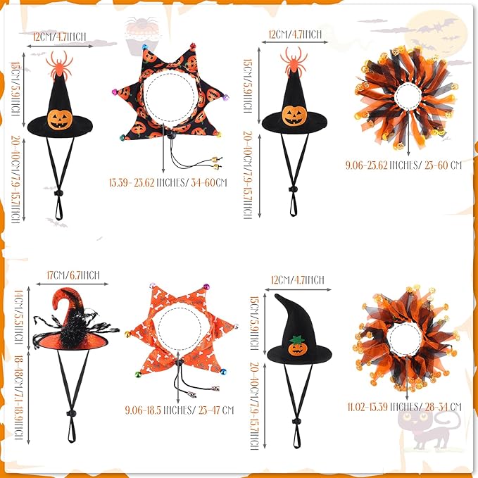 Abbylike 8 Pcs Cat Halloween Costume Witch Hat and Tutu Collar with Bells for Cat Halloween Witch Pet Costume Accessories for Small Kitten Dog Cosplay Party Decor