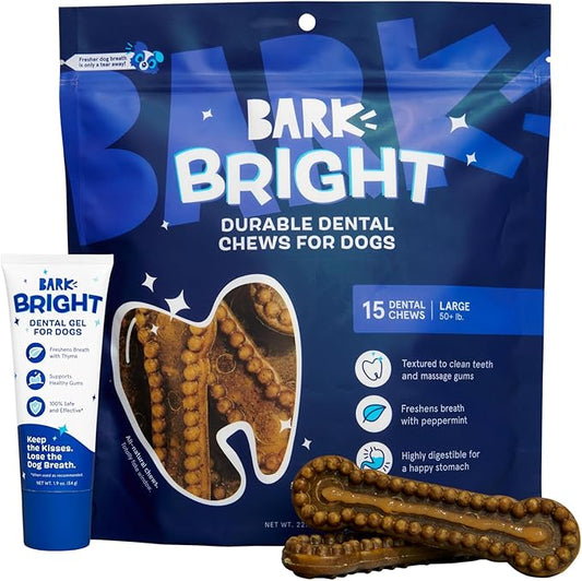 Barkbox Bright Durable Dog Dental Kit for Tough Chewers, 15 Chew Sticks & Toothpaste - Large Breeds