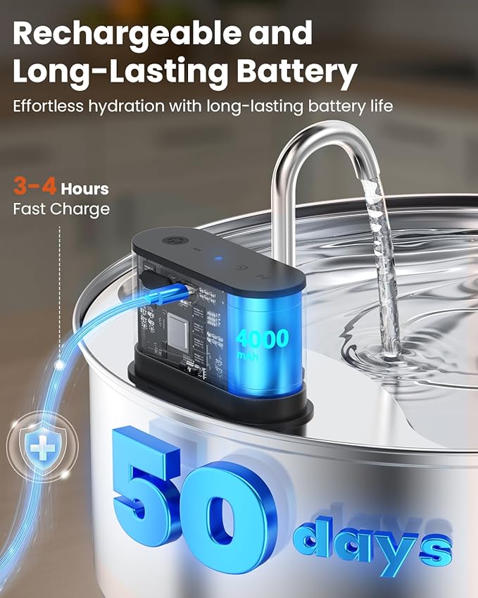 Wireless Dog Water Fountain Stainless Steel with Sensor 12L/3.2Gal Cordless Automatic Water Dispenser Quiet Pump BPA-Free Automatic Cat for Drinking, Easy Clean for Cats Dogs Pets