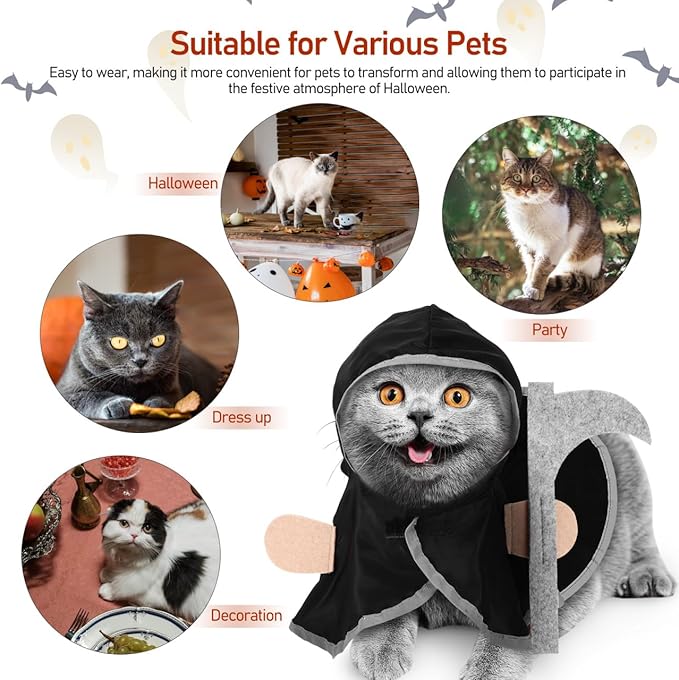 Halloween Pet Cosplay Cloak for Cats and Dogs, Lightweight Polyester Cape with Hat, Funny and Comfortable Costume for Halloween Parties
