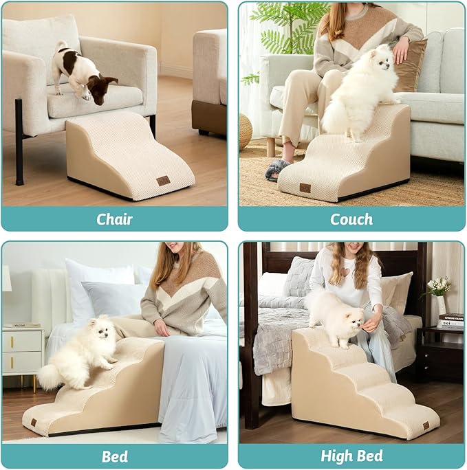 Dog Stairs for Small Dogs 11.8" H, Curved Dog Step for Puppy, Older Cat, Medium Pet Ramp for Sofa, Couch or Chair, Ladder with High Density Foam, 2 Step, Beige