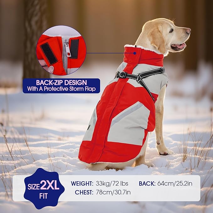 FUAMEY Dog Winter Jackets for Small Dogs,Dog Coat with Harness Built in,Waterproof Dogs Snowsuits Warm Pet Jacket Zip Up Fleece Cold Weather Coats Reflective Puppy Vest with Pocket Red XS