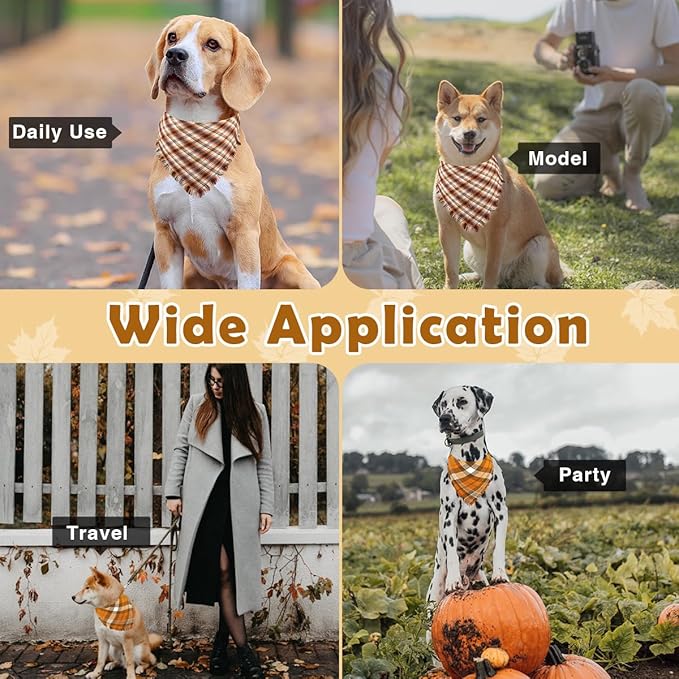Kytely Thanksgiving Fall Dog Bandanas 2 Pack, Autumn Dog Bandana Large, Orange Plaid Pet Scarf for Boy and Girl, Holiday Halloween Reversible Triangle Bibs Accessories for Dogs Pets