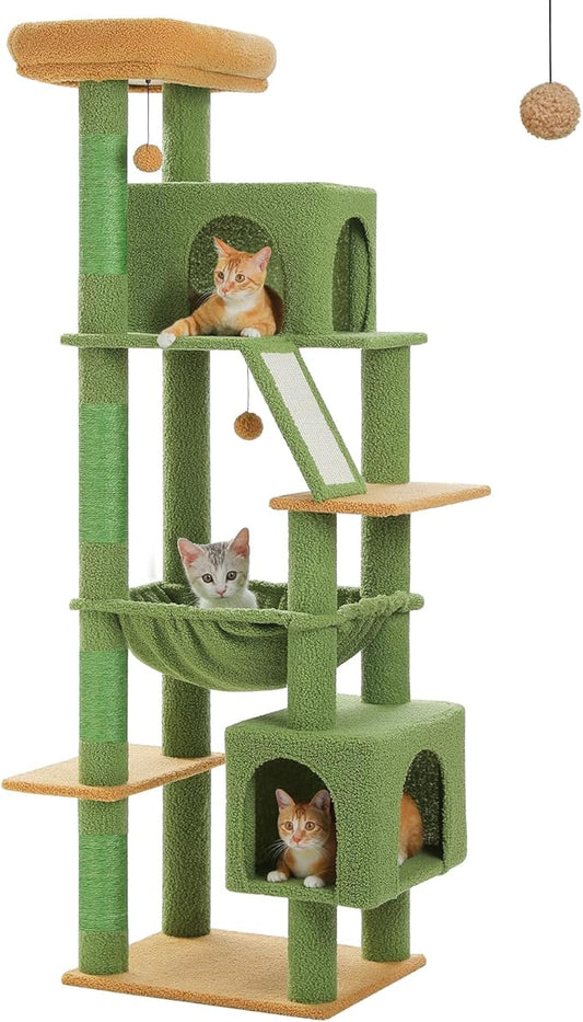 71 Inch Tall Cactus Cat Tree for Indoor Cats Large Adult, Multi-Level Cat Tower with Extra Large Hammock, 2 Cat Caves, Spacious Top Perch, Scratching Pad, Green