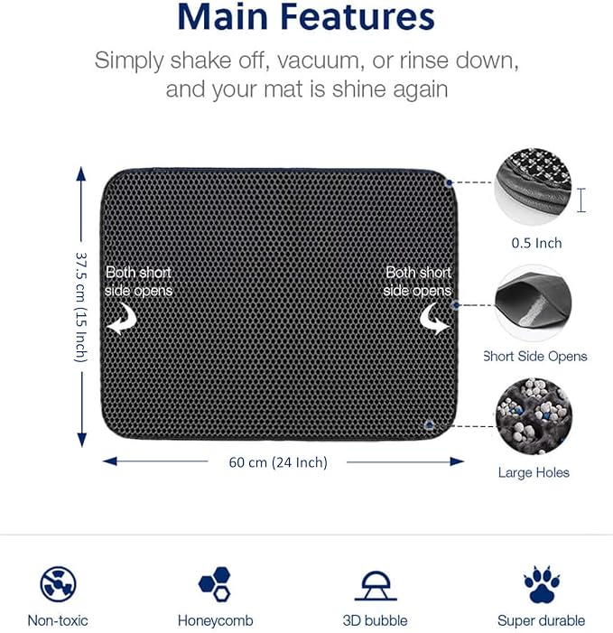 WePet Cat Litter Mat, Kitty Litter Trapping Mat - Medium Size, Honeycomb Double Layer Mats, No Phthalate, Urine Waterproof, Easy Clean, Scatter Control, Catcher Litter Box Rug Carpet 24x15 Inch Grey