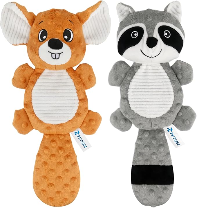 petizer Plush Squeaky Dog Toys, Stuffed and Crinkle Dog Chew Toys, Interactive Toys for Puppies, Small, Medium and Large Dogs, Cute Squirrel and Raccoon, 2 Pack
