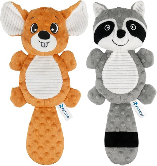 petizer Plush Squeaky Dog Toys, Stuffed and Crinkle Dog Chew Toys, Interactive Toys for Puppies, Small, Medium and Large Dogs, Cute Squirrel and Raccoon, 2 Pack