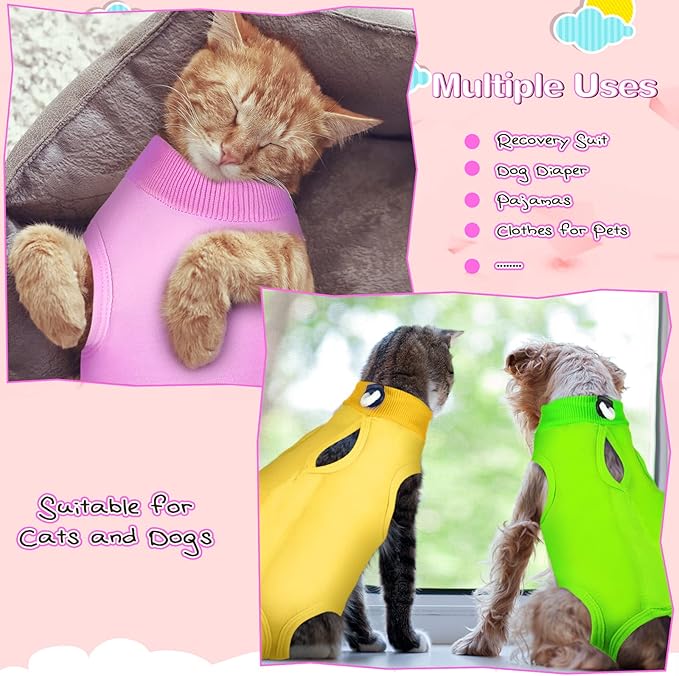 Nuanchu 3 Pieces Cat Recovery Suit Kitten Recovery Suit E-Collar Alternative for Cats and Dogs Abdominal Skin Anti Licking Pajama Clothes Sets(Large,Simple Style,Yellow Green Pink)