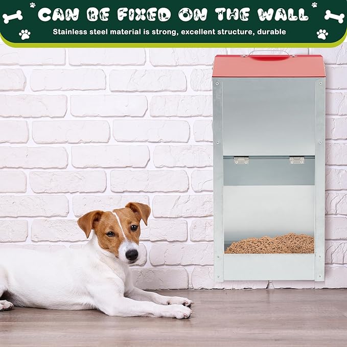 2 Pcs 25 Lbs Large Automatic Dog Feeders with Handle Acrylic Panel Galvanized Gravity Feeder Outdoor Hanging for Doggie Breed Dog Food Dispenser Container(Red)