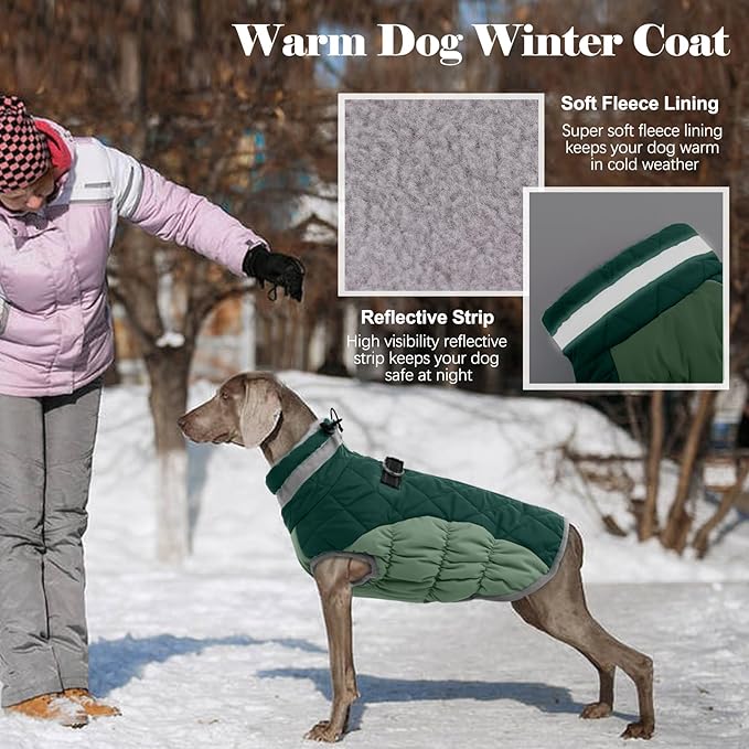 Lelepet Warm Dog Winter Coat Dog Coats for Large Dogs Waterproof Dogs Jacket with Harness Built in Reflective Cold Weather Coats Zip-Up Winter Fleece Vest Snowsuit Boston Terrier Teal Green L