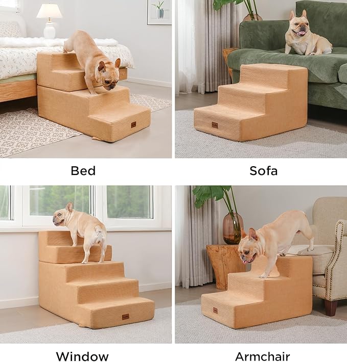 Made4Pets Dog Stairs for Small Dogs, Extra Wide Dog Steps for Bed Couch Sofa and Chair, 35D Foam Pet Steps for Small Dogs and Cats(Up to 40lbs), Non-Slip Bottom Pet Stairs, Tan, 3 Steps