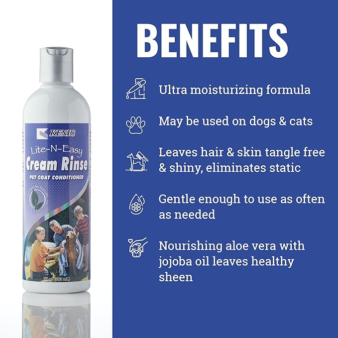 Kenic Lite-N-Easy Pet Cream Rinse Conditioner for Dogs, Cats, Rabbits & Ferrets, Detangle and Shine Formula, Made in USA