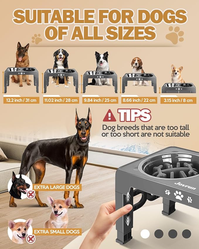 Elevated Dog Bowls, Dog Feeder with 2 Stainless Steel Dishes &1 Slow Feeder Bowl, 5 Heights Adjustable Raised Stand for Medium Large, Food Dishes with Non-Slip Feet