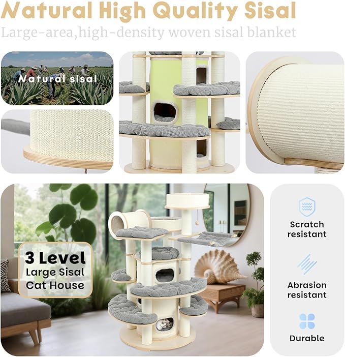 67'' Large Cat Tree,Castle Theme Multi-Levels Wood Cat Tower with Sisal Bed,Big Perchs with Removable Mats,Heavy Duty Modern Cat Condo for Indoor Cats Large Adult