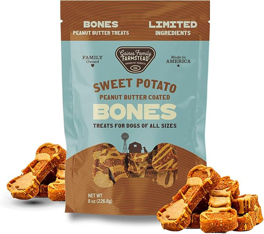 Gaines Family Farmstead Peanut Butter Coated Sweet Potato Dog Bones – 8 oz Bag, Grain-Free, Chewy, Natural Dog Treats for Digestion, Skin, Energy & Immunity – Limited Ingredient, Made in USA