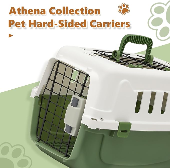 Athena Collection 18" Hard-Sided Travel Pet Carrier for Small Dogs and Cats, Plastic Dog Crate with 2-Door Top & Front Load, Ventilation, Security Lock, Cat Dog Carrier for Pet, up to 10lbs, Green