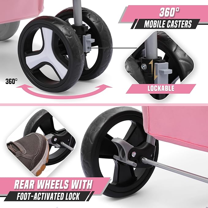 Cat Dog Stroller, 3-Wheels for Medium/Puppy Dogs 30 Lbs, Foldable Pets Stroller with Storage Basket and Cup Holder, Breathable Mesh Pink