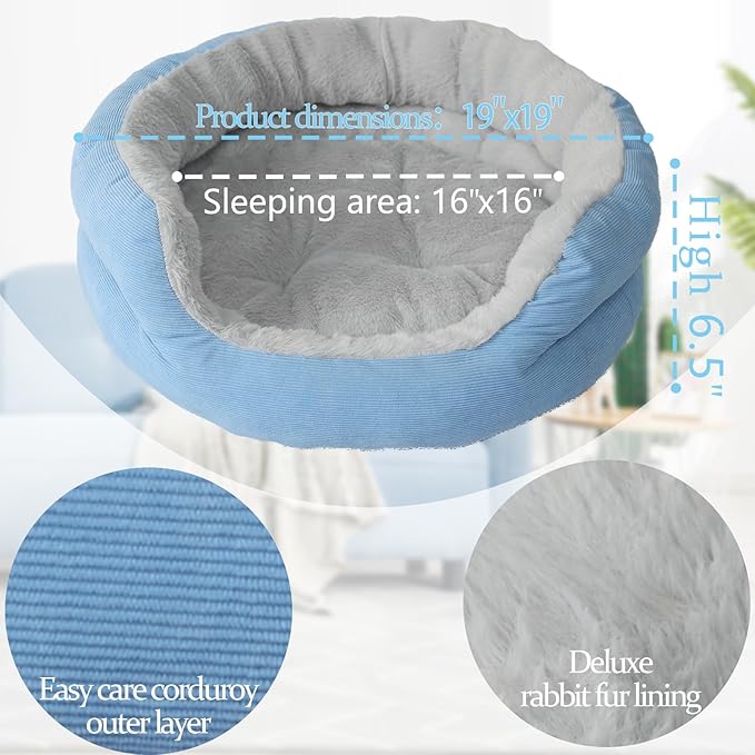 Dog Bed for Small Dogs Round Bed,Kitty Cat Beds for Indoor Cats Washable Cushion Beds Pet Sleeping Kitten Beds Extra Cozy Dog Cuddler Bed for Anxiety Puppy Calming Bed Resistant Bottom,Blue,19 inch