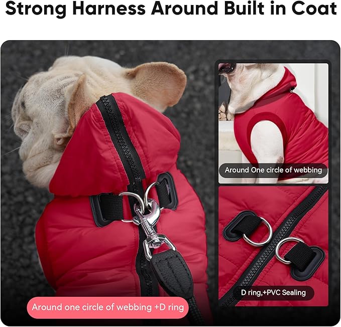 Fleece Lining Dog Hoodie with Harness Built in,Extra Warm Medium Dog Jacket in Winter Doggie Coats with Hooded,Red L