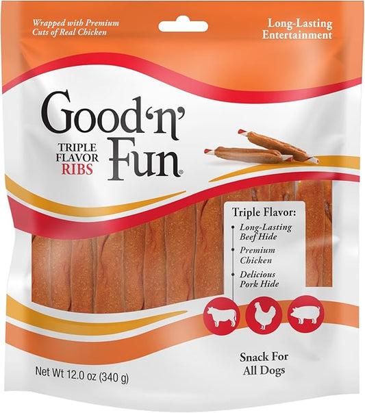 Good ‘n’ Fun Triple Flavor Ribs Chews for All Dogs, 12 Ounces, Treat Your Dog to Long-Lasting Chews Made with Beef Hide, Chicken and Pork Hide