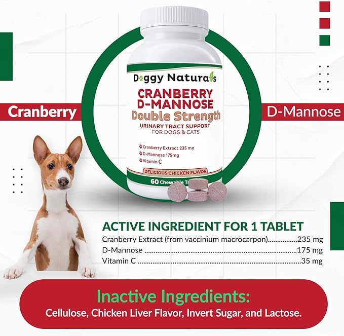 Cranberry D-Mannose for Dogs and Cats Urinary Tract Infection Support Prevents and Eliminates UTI, Bladder Infection Kidney Support, Antioxidant (Double Strength Tablet, 60 Count)