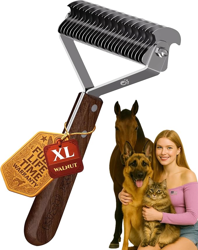 Extra Large 2-Sided Undercoat Rake for Dogs & Cats, Dog Brush for Shedding Remove Mats, Dematting Comb, Safe & Gentle Grooming Brush for German Shepherds Medium to Long-Haired Pets (Walnut Handle)