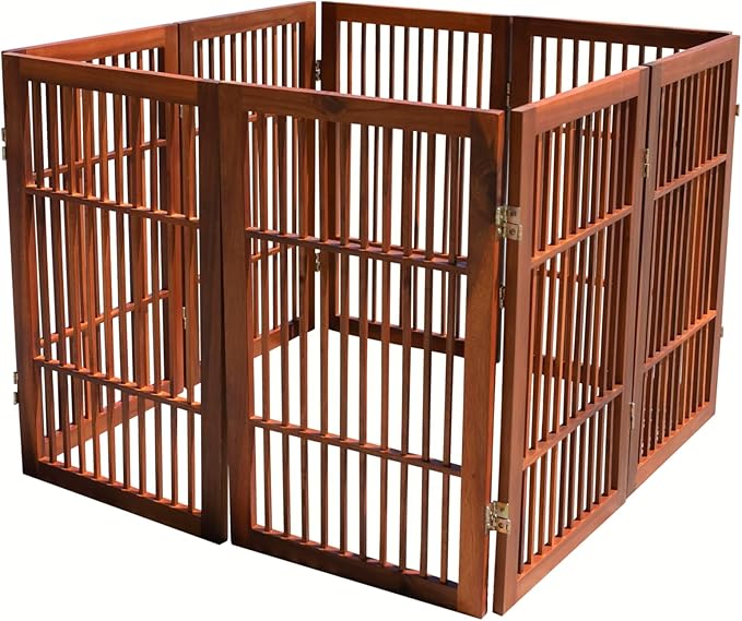 Pet Dog Gate Strong and Durable Freestanding Folding Acacia Hardwood Portable Wooden Fence Indoors or Outdoors by Urnporium (Brown Pet Gate, 8 Panel 30" Tall)