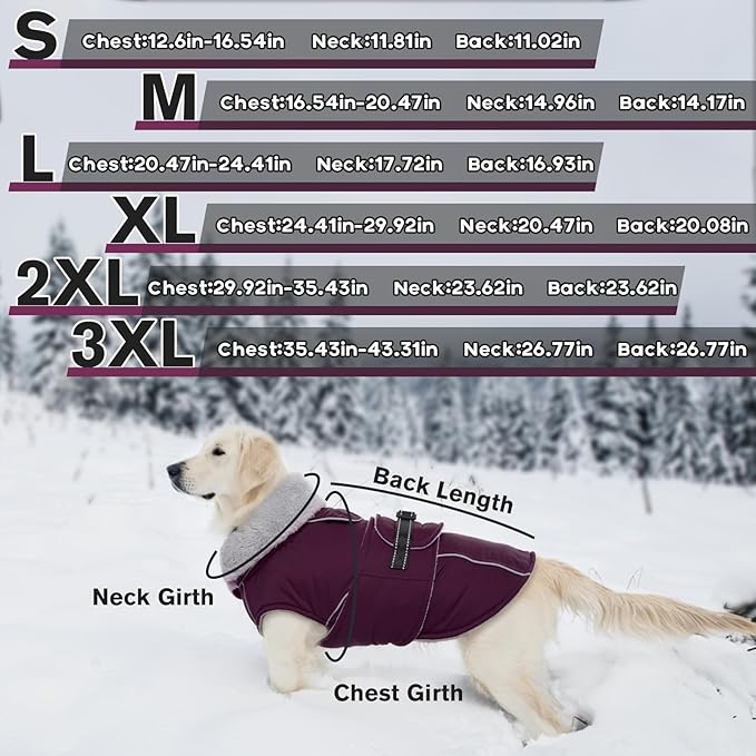 Lelepet Warm Dog Coat Reflective Fleece Vest Waterproof Dog Jacket with Adjustable Buckle Hook & Loop Windproof Cold Weather Coats for Small Medium Large Dogs, Dark Purple, XL